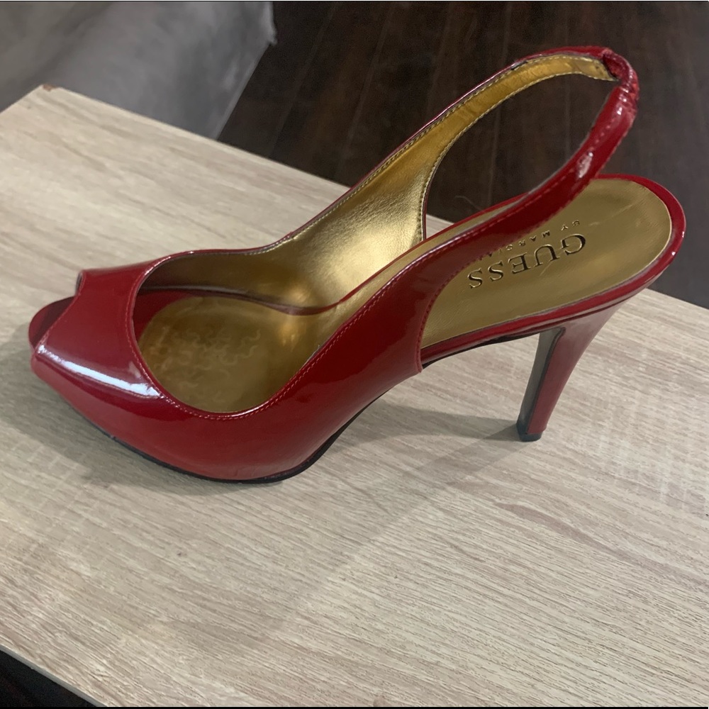 Guess! Size 7.5 Red, peep-toe, sling back, high heel shoes.